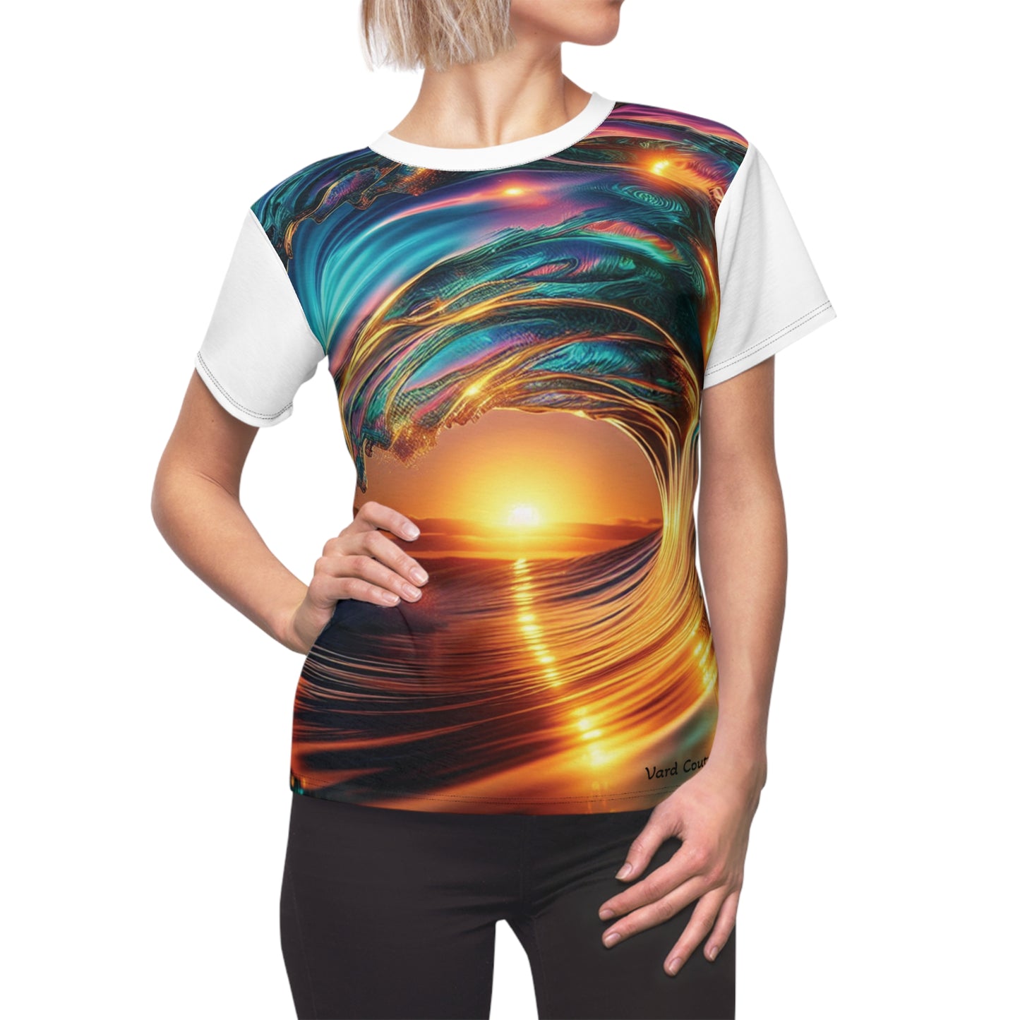 Sunset Wave Art Women's Cut & Sew Tee - Vibrant Beach-Inspired Top
