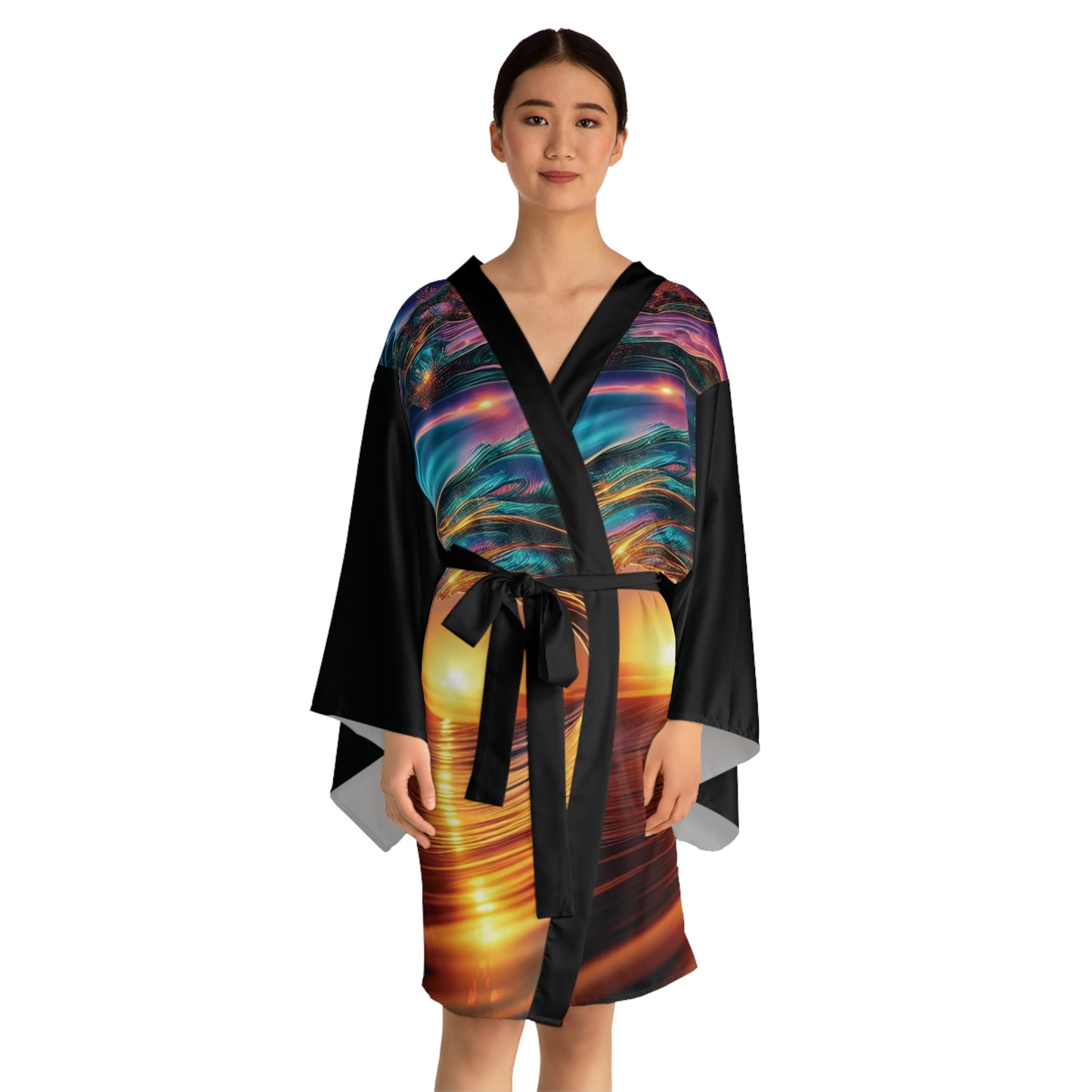 Sunset Waves Long Sleeve Kimono Robe - Vibrant Beach Style for Relaxation