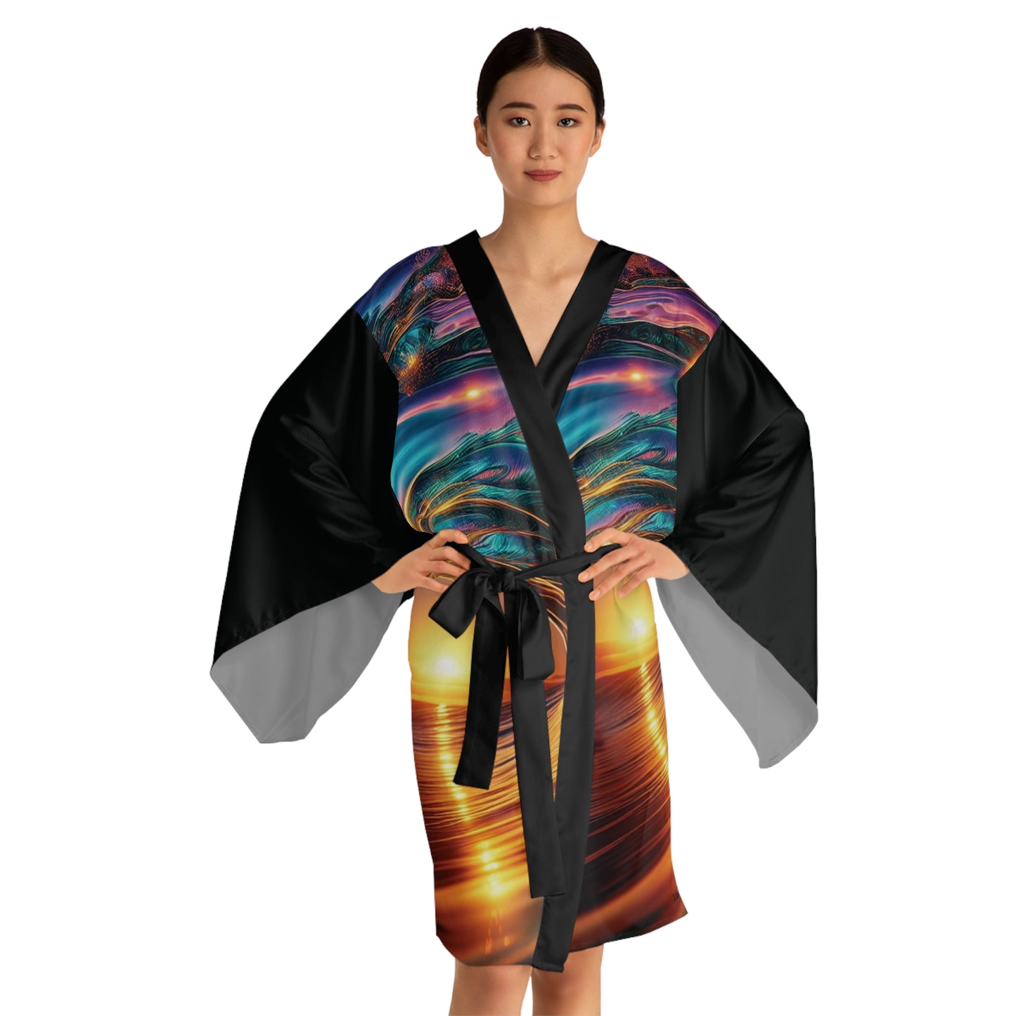 Sunset Waves Long Sleeve Kimono Robe - Vibrant Beach Style for Relaxation