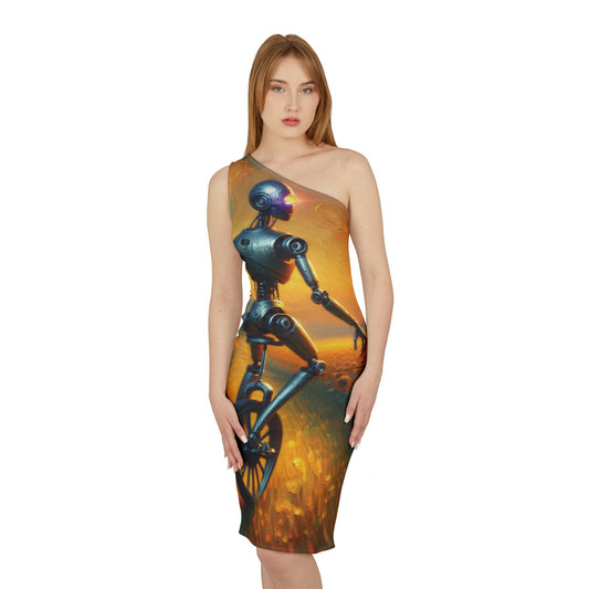 Unique Robot Artwork One-Shoulder Dress - Perfect for Art Lovers and Events