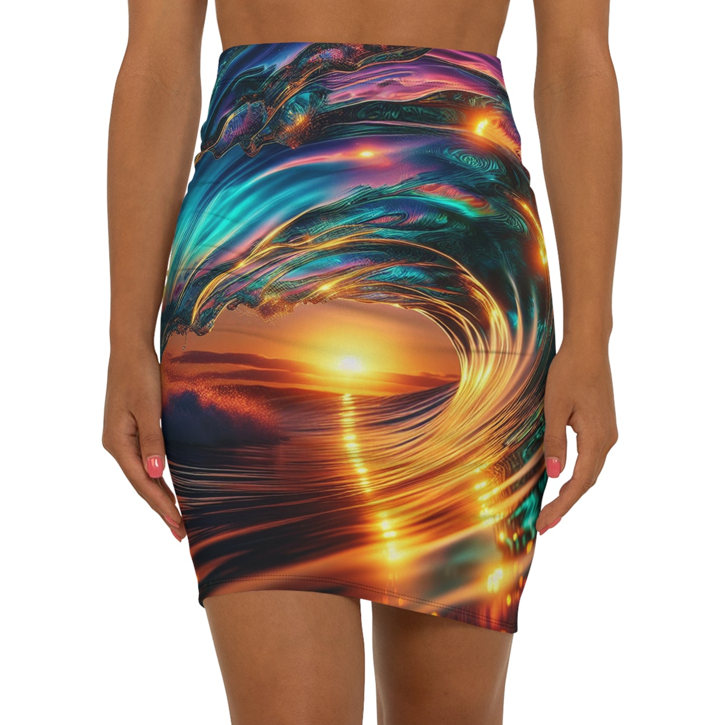 Ocean Wave Women&#039;s Mid-Waist Pencil Skirt - Vibrant Beach Inspired Fashion