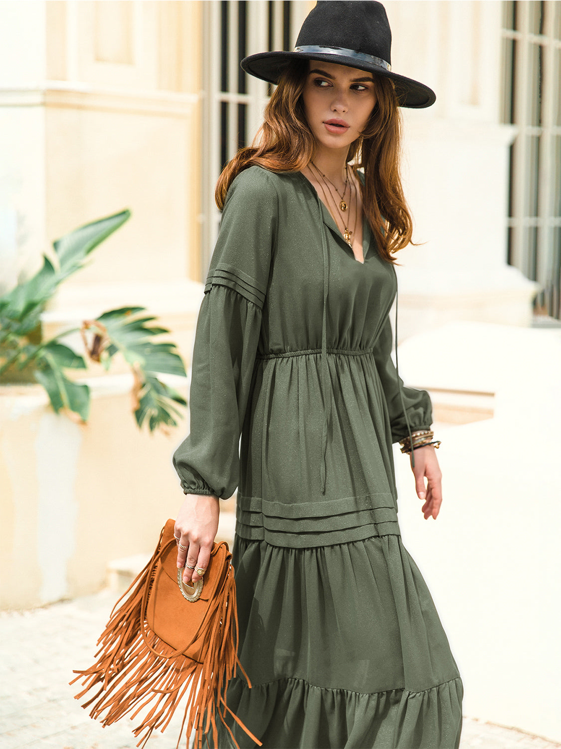 Tie Neck Long Sleeve Midi Tiered Dress