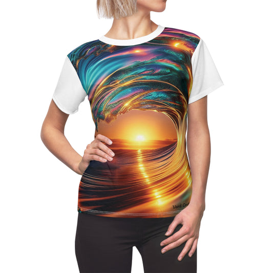 Sunset Wave Art Women's Cut & Sew Tee - Vibrant Beach-Inspired Top